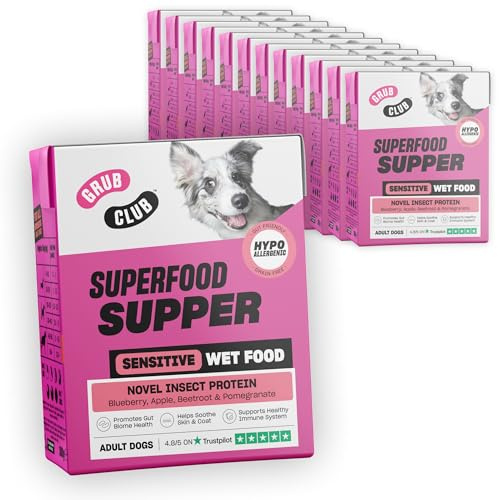 GRUB CLUB Superfood Supper Wet Dog Food for Adult Dogs | Insect Protein Recipe with Blueberry, Apple & Beetroot | Hypoallergenic, Grain-Free & Gut-Friendly Prebiotics | 390g Carton (12 Pack)