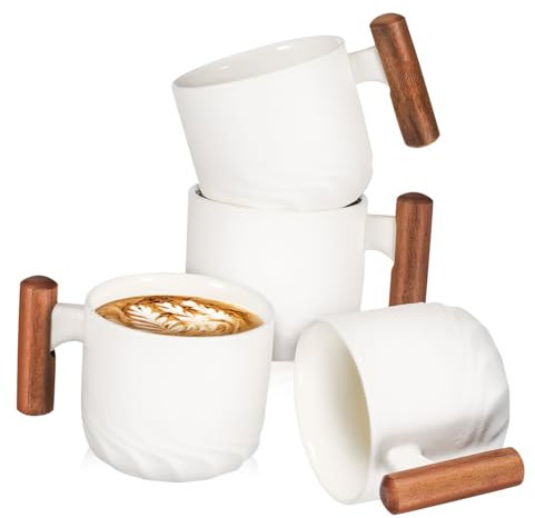 CONGARTENO 4piezas Tazas Cerámica Espresso Porcelana Tazas Beber Agua Asas Madera Diseño Minimalista