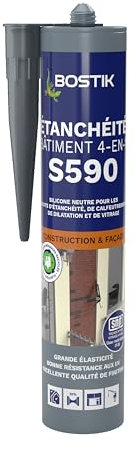 Bostik S590 – Mastic d'Étanchéité Bâtiment 4 en 1 – Intérieur et Extérieur – Joints De Calfeutrement, Dilatation, Façade Et Vitrage – Couleur : Gris Anthracite Ral 7016 – Cartouche 300 ml