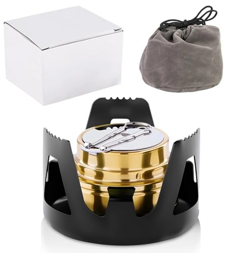 Dulynva Rechaud Alcool Mini Réchaud à alcool Portable Brûleur à Alcool Laiton Cuisinière alcools et Support en Aluminium Réchauds camping pour Randonnée Cuisson Fondue Pique Nique (Noir)