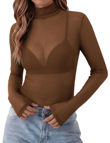 Zeagoo Womens Mesh Tops Sexy See Through T-Shirt Transparent Sheer Shirt | Long Sleeve Fitted Top Elegant Mock Neck Tshirt Festival Party Clubwear XS-XXL