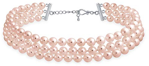 Bling Jewelry Handgefertigte Braut Halskette Mit 3 Reihen Breiten Rosa Simulierten Perlen Für Teenager Und Frauen Versilbert