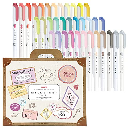 Zebra Mildliner WKT7-35C Highlighters, Highlighter Pens, 35 Colours Set, Gift Box Included