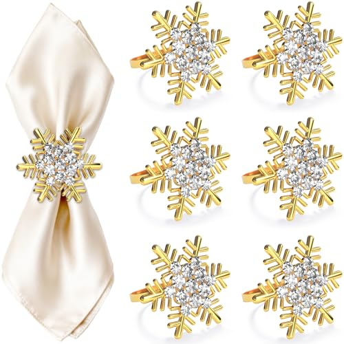 ZeeDix 6 Stück Gold Serviettenringe Weihnachten Schneeflocken | Serviettenringen für die Festtafel, Dekoration für Hochzeit, Weihnachten, Erntedankfest, Urlaub, Party, Dinnerpartys