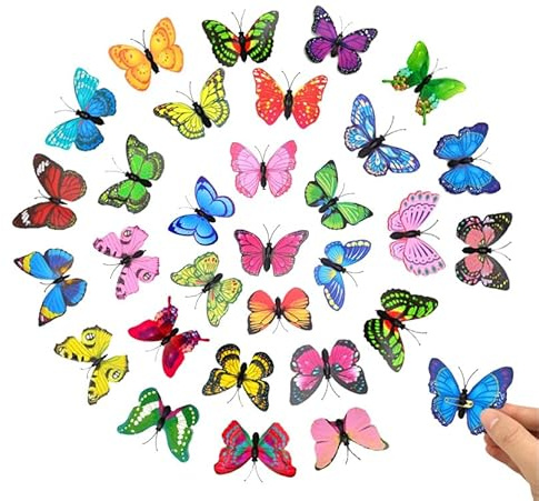 QSZHSL 30 Stück Bunte Schmetterlinge Deko mit Sicherheitsnadeln, Bunte PVC Schmetterling Brosche, Bunt Schmetterling Dekoration, für Zimmer Dekoration, Curtains, Dining Table, DIY Kunst (30 Stück)