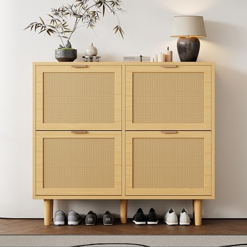 KAZZIO Zapatero con 4 cajones deslizantes, cómoda de ratán con asas de metal, zapatero para pasillo, dormitorio, hogar, muebles de madera, estilo rústico