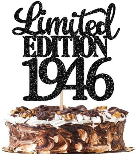 SYKYCTCY 1 Pack Happy 80th Birthday Cake Topper Glitter Limited EDITION 1946 Cake Pick 80 Fabulous Cake Decorations for Cheers to 80th Birthday Wedding Anniversary Party Supplies Black