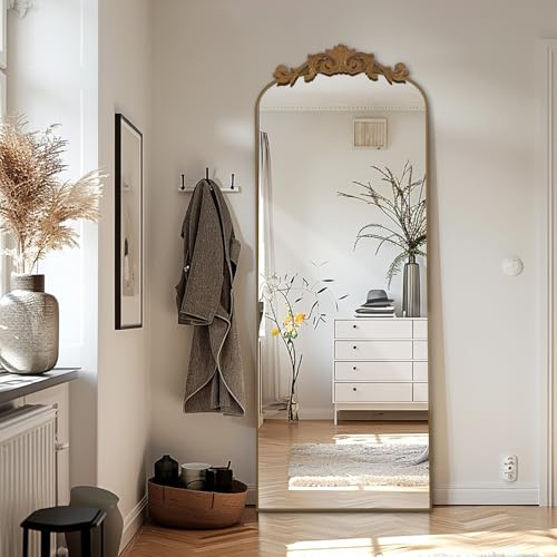 LunaMirror Filigree Standspiegel 146x44cm Ganzkörperspiegel met Vintage Sierlijke Gesneden Applicatie Retro Home Decor Wandspiegel voor Woonkamer Slaapkamer Hal Entree, Gold