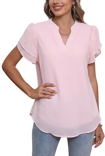 Famulily Ladies Summer Chiffon Shirts Women's V Neck Short Sleeve Casual Work Blouse T Shirt Tops (Pink, L)