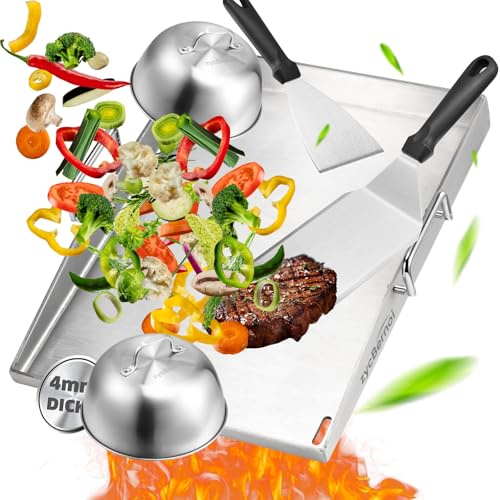 zycBernoi Premium Plancha Grillplatte Set - 40 x 30 cm - Grillplatte für BBQ Gasgrill & Kohlegrill - 4mm Dicke Plancha Gasgrill - Edelstahl mit 2 Burgerglocke & Grillspachtel Set