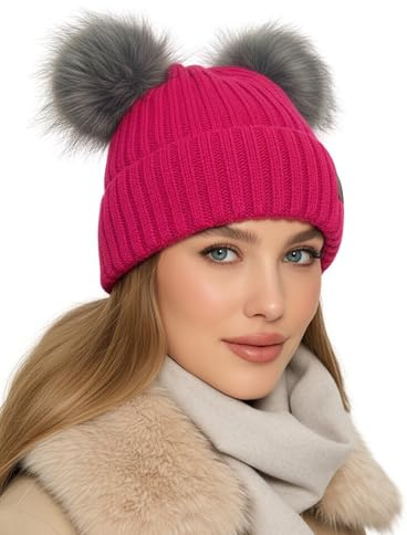 Baesics Vintermössa rosa med 2 pom poms, för kvinnor och män, fodrad tofsmössa med pompom poms, stickad mössa stil, tillverkad i EU, en storlek, varm och elastisk med fleecefoder