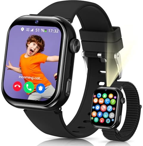 4G Reloj Inteligente Niño, IP68 Impermeable Smartwatch Niños con GPS y Llamadas, Doble Cámara, Videollamada, Chat de Voz, SOS, Modo Escuela, Linterna, Podómetro Reloj Inteligente Niñas y Niños Negro