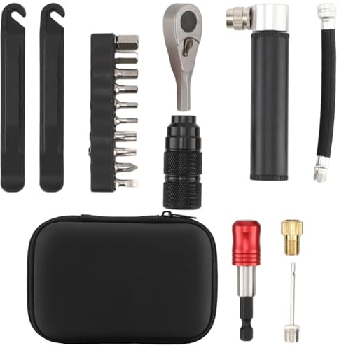 11 Pcs Portable Multifunction Bike Repair Tool Kit, Includes Mini Pump, Ratchet Wrench, 10-Piece Bit Set & Heavy-Duty Tire Levers, Compact Carry Case for Roadside & Home Repairs