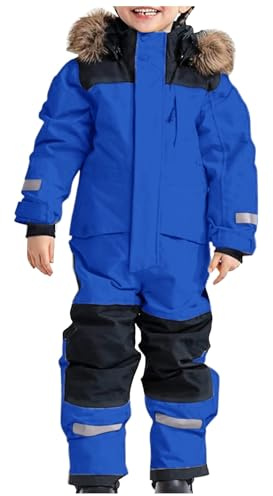 Costume de fête 2026 pour enfant - Combinaison de ski thermique - Chaude et coupe-vent - Avec capuche amovible - Softshell, bleu, 12-13 ans