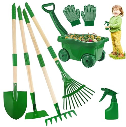 Faticenic Kids Gardening Set 7-piece Toddler Gardening Set with Wheelbarrow, Shovel, Rake and Leaf Rake, Educational Kids Garden Tools for Outdoor Backyard Play, Décoration de Jardin