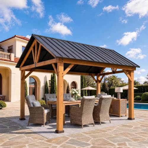 SUNJOY Tonnelle en Bois de Cèdre Massif 4x3,36 m, Toit Pignon Étanche en Acier, Poteaux Renforcés de 14 cm, Résistante au Vent et à la Neige, Abri Permanent pour Terrasse et Jardin