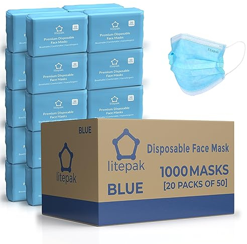 Disposable Face Masks - 1,000 PCS - for Home & Office - Breathable & Comfortable Filter (50 Count (Pack of 20), Blue)