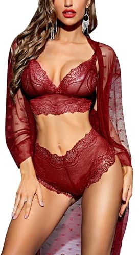 RSLOVE Sexy Lingerie for Women Lace Lingerie Set with Mesh Robe 3 Piece Set Sleepwear Nightwear Wine Red Medium