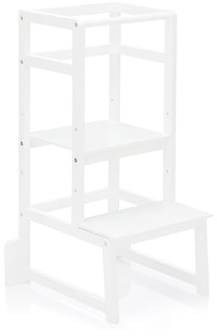 Fillikid Kinder Lernturm | Entdeckertum mitwachsend aus Buchenholz | Lerntower Montessori Lernstuhl ab ca. 1 Jahr | Küchenhelfer höhenverstellbar, extrem kippsicher weiß