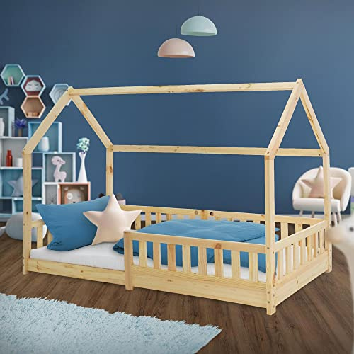 ML-Design Kinderbett 90x200 cm mit Rausfallschutz, Dach und Lattenrost, Natur, Massivholz Kinder Bett, Hausbett für Mädchen/Jungen, Bodenbett Bettenhaus aus massivem Kiefernholz, Jugendbett Kinderhaus