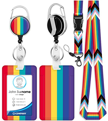 Toykee Ausweishalter mit Schlüsselband und ausziehbarem Clip, vertikale Kartenhülle mit Clip für Pflegekräfte, Ärzte, Lehrer und Studenten, Regenbogen LGBTQ-Pride-Design