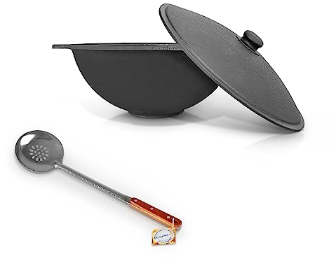 Kazan de hierro fundido uzbeko 22 L con tapa de aluminio olla espumadera 48 cm Asia казан uzbeki olla espumadera cuchara WOK Plov плов казан kazan horno de fuego