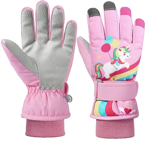 QKURT Kinder Schneehandschuh Kinder Skihandschuh Winter Winddichter Thermohandschuh Rutschfester Sporthandschuh Rippstrick langer Stulpe Outdoorhandschuh geeignet für 2-9 Jahre alte Mädchen und Jungen
