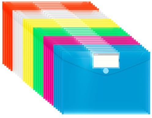 A4 Plastic Wallets, 30 Pack File Folders for Document Paperwork Clear Assorted Coloured Envelope with Label Pocket Velcro Button Home School Travel Office Supplies