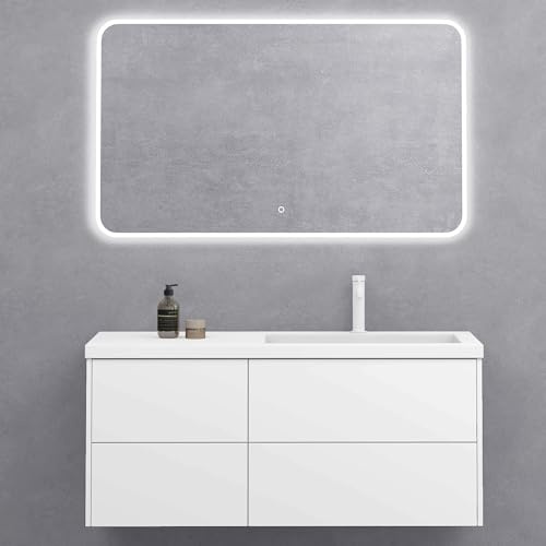 doporro Mobile Bagno Sospeso 46x120x54cm Bianco opaco, Mobiletto per Bagno con Lavabo Bianco 120cm e Specchio LED, Moment