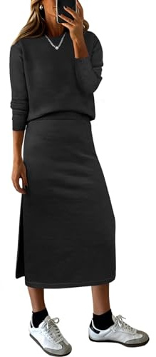KLWCJFFF Dam 2-delad outfit randig tröja kjol set höst vardaglig långärmad pullover topp lounge resa midi-klänning, Svart, M