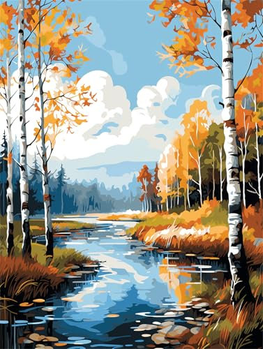 Baum Malen Nach Zahlen Erwachsene Groß 40x50cm, Malen Nach Zahlen Herbst, Kreativ Set für Erwachsene, DIY Handgemalt Ölgemälde Leinwand Kit mit 3 Set Pinseln Acrylfarben, Home Wand Dekor, Rahmenlos
