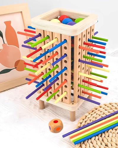 Giochi Montessori per Bambini, Torre Gioco da Tavolo con Bastoncini Colorato e Dadi, Gioco di Società in Legno, Gioco di Abilità Motorie e Giocattolo di Conteggio Gioco da Famiglie e Viaggio