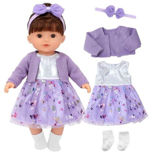 Huucozn 4 teilig Puppe Puppenkleidung 34-45 cm Puppenzubehör Lila Baby Kleidung Puppenkleider Mädchen Puppe Mantel Puppen Kleider Socken Puppensachen für 16-18 Zoll Baby Puppe Geschenk Kinder
