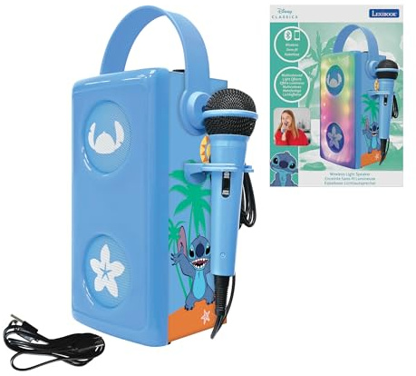 Lexibook, Disney Stitch, Enceinte Bluetooth® sans Fil Lumineuse avec Micro, Effets Lumineux Multicolores, Port de Carte SD/TF, Batterie Rechargeable, Bleu, BTP185DZLXB