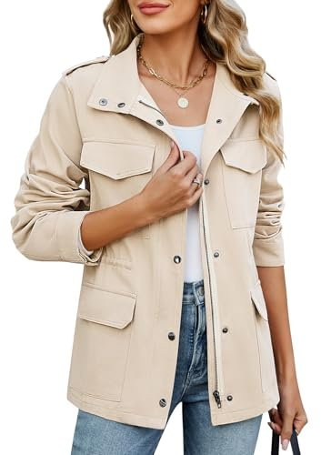 CMTOP Veste Femme mi Saison Court Léger Blouson en Coton, Décontracté Élégante Jacket Saharienne Veste Manteau avec Multi Poches pour Printemps Été Automne(Beige,L)