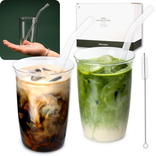 BLOOMWARE Glasbecher mit Strohhalmen [2x 480 ml] - Trinkgläser für Matcha Latte, Iced Coffee & Latte Macchiato - spülmaschinenfeste Kaffee & Matcha Gläser | Eiskaffee Gläser