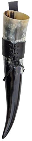 Hornerey T05H Wikinger 0,5l mit Gürtelhalter aus Echtleder, echtes Mittelalter Trinkhorn, Methorn, LARP, Horn, 500 milliliters, Weiß, 1 Stück (1er Pack)