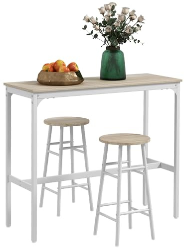 HOMCOM Bar-Set Bistrotisch + 2 Hocker mit Fußstütze, Stehtisch, Struktur aus Stahl, industrielles Design, hohe Küche, Platte in Holzoptik, Weiß