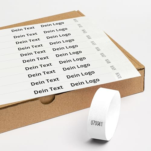 Personalisierbar Einlassbänder aus Tyvek 100 Stück - 19x255 mm Weiß | Mit Aufdruck oder Logo, Events, starke Klebstoffbindung, Antiallergen - Selbstklebend und Wasserdicht Festival Armbänder