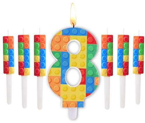 Herdear 7 Pezzi Candela Numero 1-9 di Compleanno a Blocchi di Costruzione con 6 Candele a Mattoncini di Costruzione Candeline Numeriche per Topper per Torta Decorazione e Feste (Numero 8)