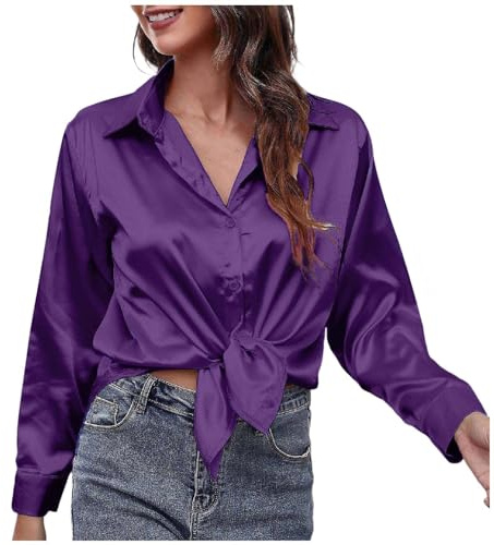 QWUVEDS Blusa de seda de satén para mujer, camisa con botones, informal, holgada, de manga larga, trabajo de oficina, blusa de edición larga, blusa elegante de encaje transparente, morado, L
