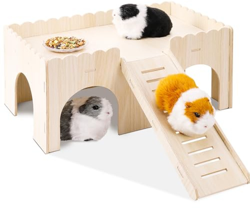 Wooden Guinea Pig House 38x24x18cm Guinea Pig Toys Hideout Hut With Cave Stairs Wooden Small Animal House For Rat Hamster Hedgehog