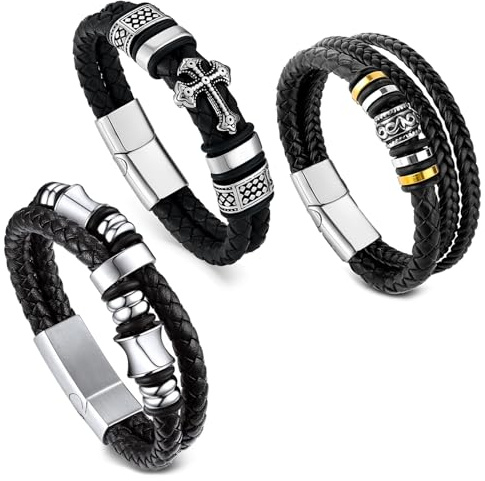 Lederarmband Herren - Premium Armband Männer mit Magnetverschluss aus Edelstahl, 3er Set Schwarze Geflochtene Armband Herrenaus Echtleder, Hochwertiges Bracelet Men für Geschenkideen, 19/21/23 CM