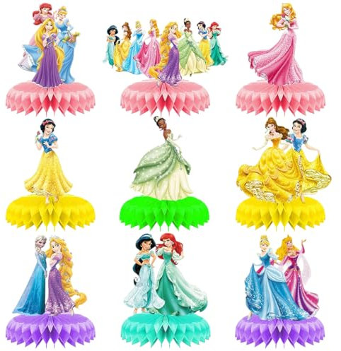 9 Pieces Cute Princess Honeycomb Centerpiece, Princess Themed Birthday Party Decorations Kids Birthday Party Cake Dessert Party Supplies Photo Booth Props Party Table Decoration