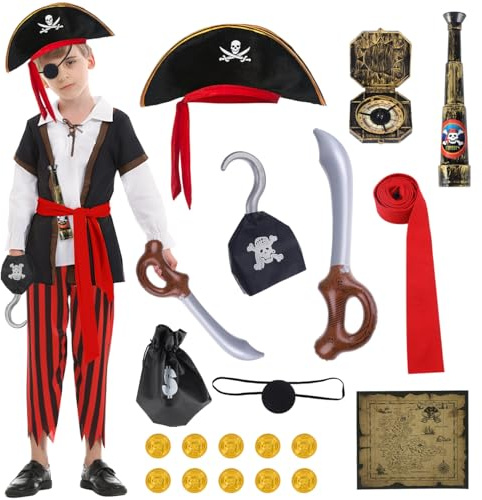 TOSZOLY Costume Pirata Bambino, Vestito Pirata Bambini con Cappello Pirata Accessori, Piratas Cosplay Vestiti Carnevale, Vestito Piratas Bambini per Cosplay Party Halloween Natale