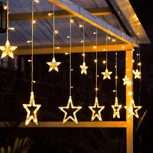 LED Lichterkette 12 Sterne, Lichtervorhang weihnachtslichter Sternenvorhang 138 LEDs 8 Modi Mit Timer Dimmbar Für Innen Außen, Weihnachten, Party, Hochzeit, Garten, Balkon, Deko (Warmweiß)