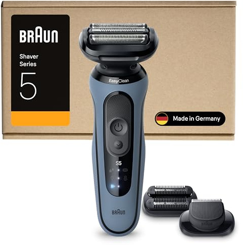 Braun Series 5 Electric Shaver, Up to 50 min, +2 Attachments, Cordless, Wet & Dry Razor for Men, 100 percent Waterproof, 52-A1820SI, Azure