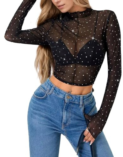 EMOTTOS Top da Donna in Pizzo con Paillettes, Top Corto Sexy con Scollo Rotondo Y2K, Maglietta a Maniche Lunghe Trasparente, Abbigliamento Estivo Slim Fit da Donna, Nero, Taglie M