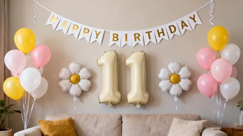 Palloncini per 11° compleanno con margherite, decorazione per bambine, colore crema, beige, 11 anni, in pellicola, decorazione di compleanno, rosa, giallo, 11° compleanno, palloncini per 11 anni