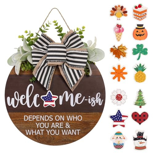 Interchangeable Seasonal Welcome Sign for Front Door, Rustic Round Wood Wreath for Front Door Hanging Decorations, for Spring Summer Fall Halloween Christmas Farmhouse Outdoor Home Wall Decor (12Inch)